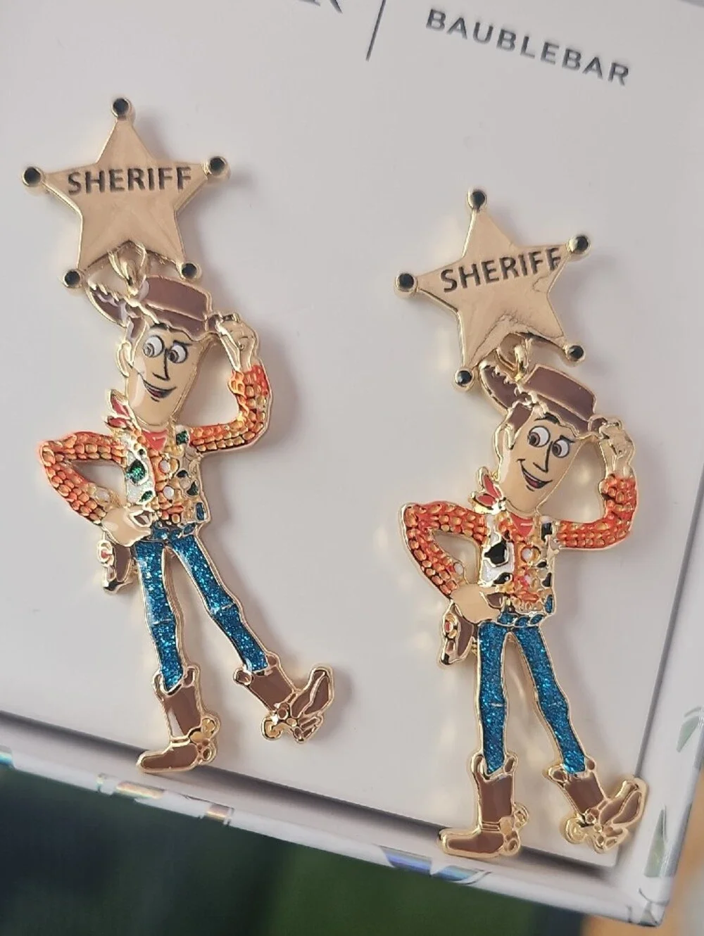 BaubleBar Pixar Woody Sheriff Drop Earrings - Gold, Blue, Brown - Picture 6 of 6